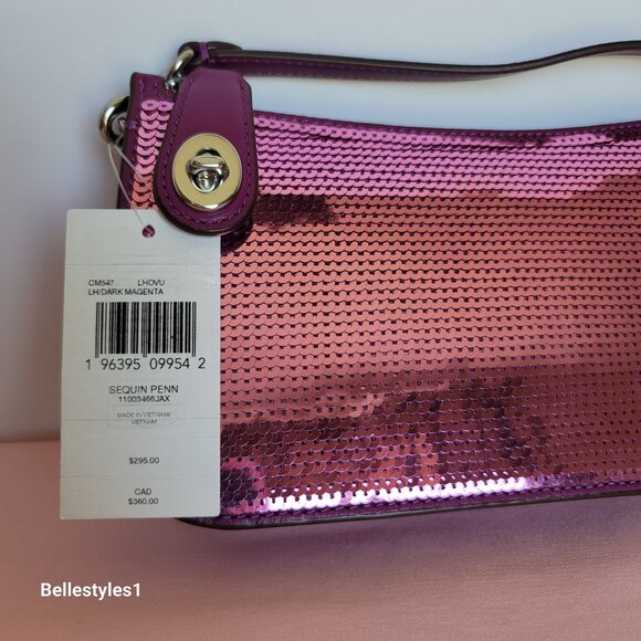 COACH Penn Sequined & Smooth Leather Small Shoulder Bag - Dark Magenta⭐ - Picture 16 of 16
